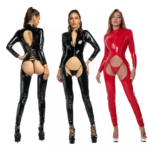 Femme Body Cuir vernis Entrejambe Ouvert Combinaison Catsuit avec G-string Sexy