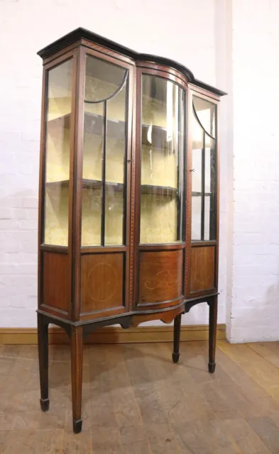 Large pretty antique inlaid mahogany bow front double door display cabinet