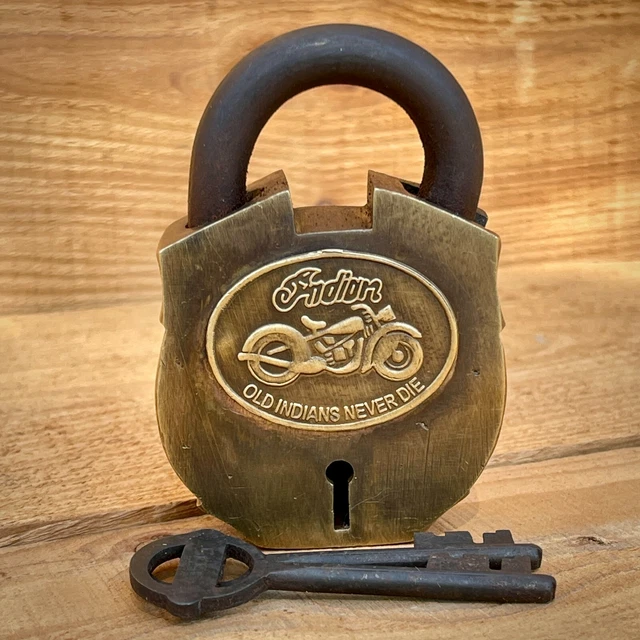 Indian Motorcycles Lock, Solid Brass, Old Indians Never Die Tag, Antique Finish