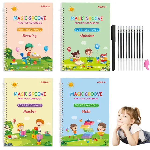 Yammi Large Reusable Handwriting Practice for Kids - Grooved Writing Books with Magical Pen Refills, Preschool Tracing and Learn