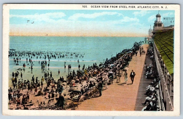 1920s OCEAN VIEW FROM STEEL PIER BOARDWALK BEACH OCEAN ATLANTIC CITY NJ POSTCARD