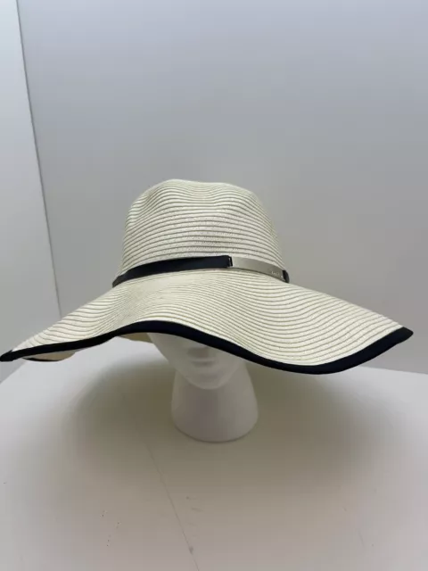 CALVIN KLEIN  Womens Sun Beach Hat Floppy Wide Brim One Size Cream Black Trim