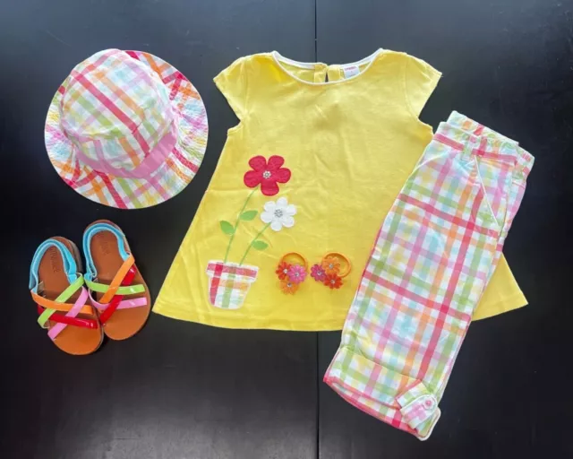 Gymboree Girls Summer Outfit Top, Leggings, Hat, Sandals, Hair pony Size 4 5 6 