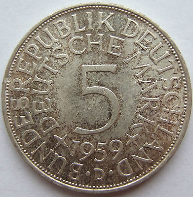 Pièce de Monnaie Rfa Aigle Argenté 5 Deutsche Mark 1959 D En Uncirculated