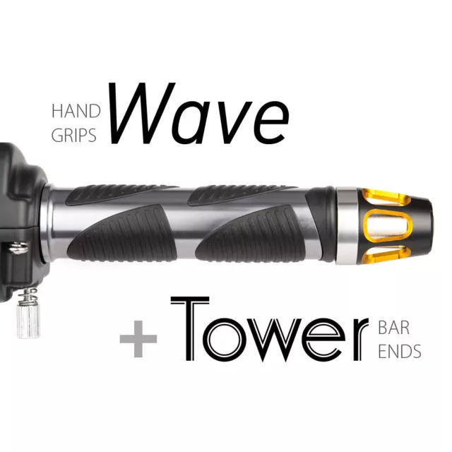 KiWAV Motorcycle Wave Grips Dark Gray with Tower Bar Ends Gold/Silver