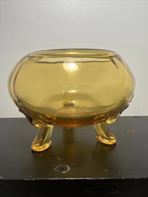 Vintage Amber Glass Rose Bowl Candy Dish Three Footed Unmarked Free Shipping