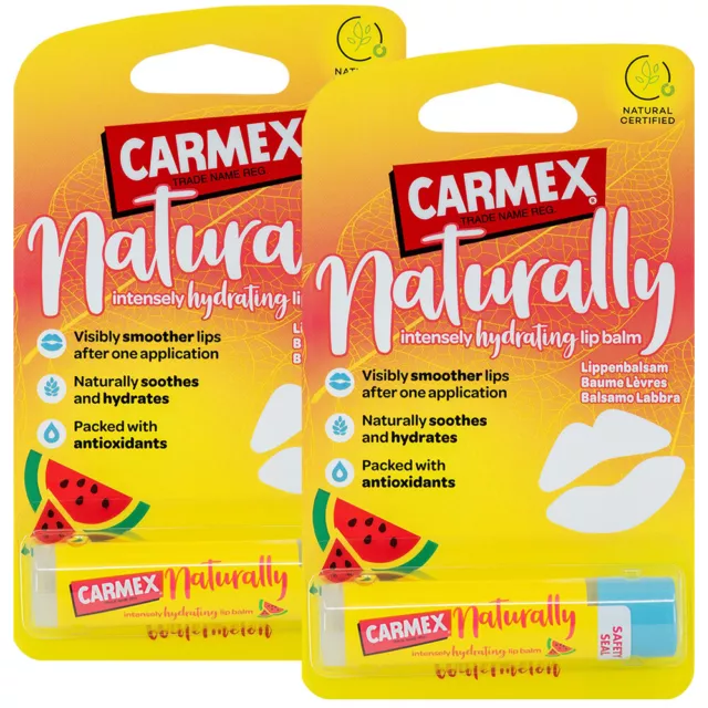 2x Carmex Naturalmente Sandía Bálsamo Labial Natural Hidratante Adhesivo 4.25g