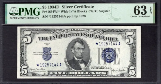 1934D $5 STAR Silver Certificate PMG 63 EPQ Fr.1654Wi* Item #1994924-019