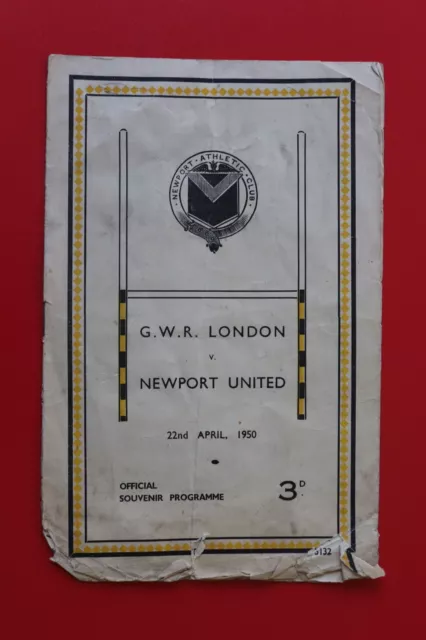 NEWPORT UNITED v G.W.R LONDON 1949-1950 Rugby Union programme Poor