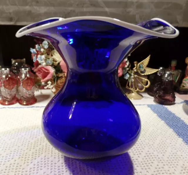 Vintage Hand Blown Cobalt Blue Art Glass Wide Rimmed Vase White Trim 9"