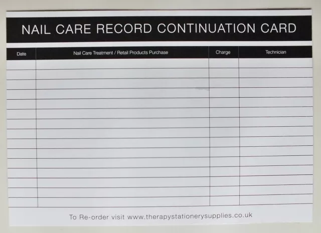 SALON - THERAPIST Nail Care Client Continuation Record Card (100 pack) A5 Size 2