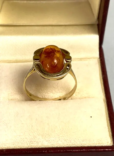 Antique Art Deco German Bohemian Ring Gold 9ct 333 Hallmark EF Amber