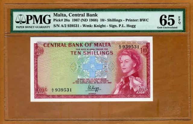 Malta, 10 shillings, L. 1967 (1968), QEII, P-28a, PMG-65, EPQ Gem UNC