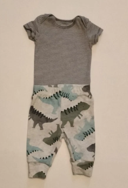 Carter's Baby Boy 3 months 2-Pc Gray white Striped Bodysuit & Dinosaur Pants