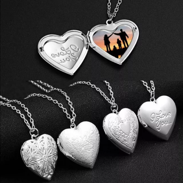 925 Silver Heart Locket Carved Photo Pendant Necklace Memory Floating Women