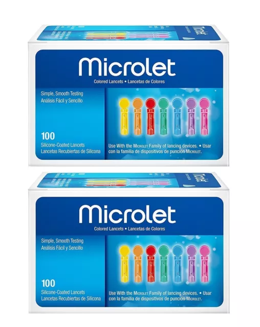 Bayer Microlet Colores Lancets Recubiertos de Silicona Pruebas Suaves 100 Cada Paquete de 2