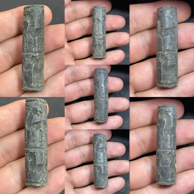 Unique Near Eastern Old Black Intaglio Stone Old Cylinder Seal Large Bead