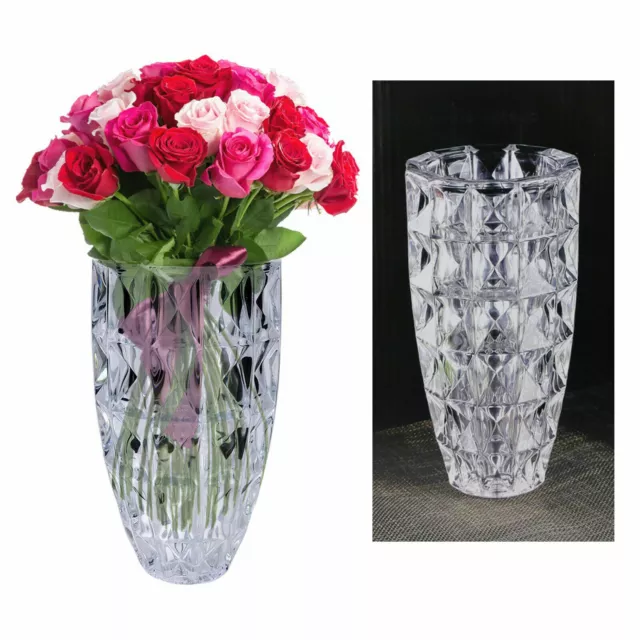 Large Heavy Vintage Retro Crystal Cut Glass Flower Vase 24cm Tall 13cm Diameter 2