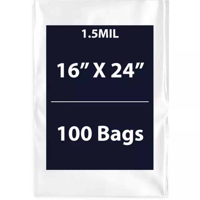 16" x 24" 100 Bags, 1.5Mil Flat Open Top Plastic Packaging LDPE Clear Poly Bags