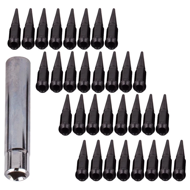 32PC for CHEVY/GMC/FORD 14X1.5 THREAD BLACK SPLINE SPIKE LUG NUTS 4.5" W/ 1 KEY