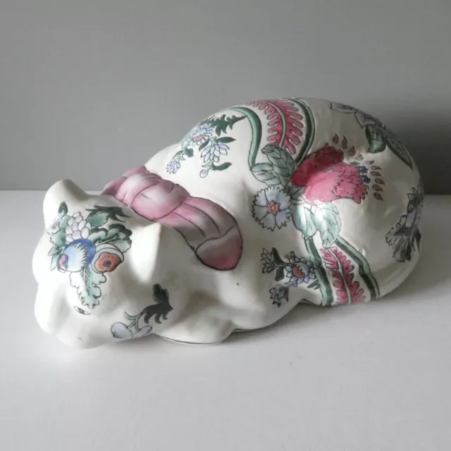 Vintage Chinese Cat Ornament Macau Porcelain Oriental Rose Pink Floral Asian