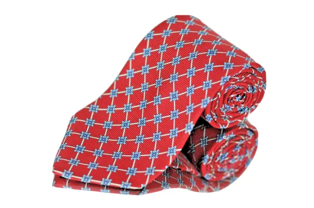Jos A Bank Men's Tie Red Blue & White Geometric Printed Silk Necktie 62 x 3.75