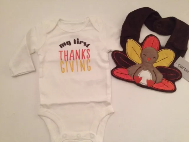Carters Baby Boy Girl Bodysuit Bib Set Size Newborn 3 Months First Thanksgiving