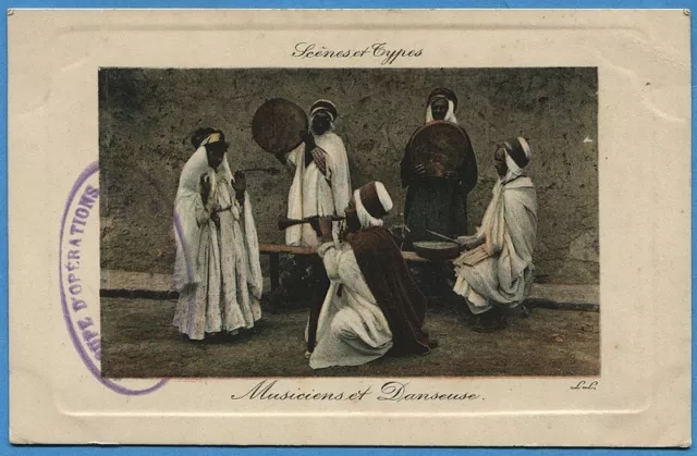 CPA: Scènes et Types - Musiciens et Danseuse / Cachet AMALAT D'OUDJDA (Maroc)