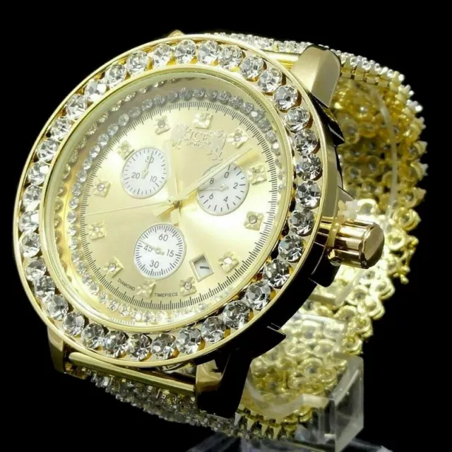 Montre-bracelet pour homme véritable diamant ton or 18 carats finition grande pierre lunette personnalisée XL 2