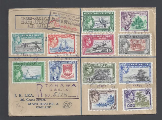 Gilbert And Ellice Islands Gvi Set Of 12 On Registered Cover To England  Sg43/54