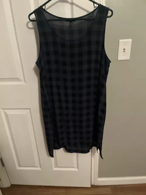 Eileen Fisher Tunic Tank Dress Silk High-Low Plaid Olive Green Black Size Large