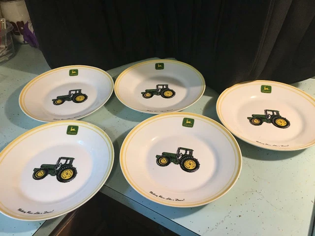John Deere Set of 4  Gibson Tractor Logo Bowl Soup Salad Plate Yellow Rim 9"