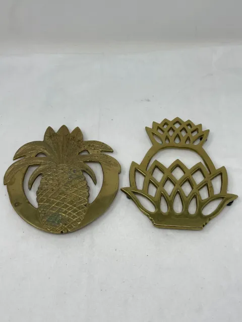 Lot Of 2 Vtg Solid Brass Gold Pineapple Footed Trivets Virginia Metalcrafters