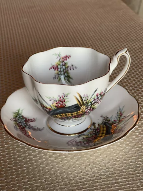Vintage Queen Anne Glengarry Macleod Clan tartan hat swords tea Cup Saucer