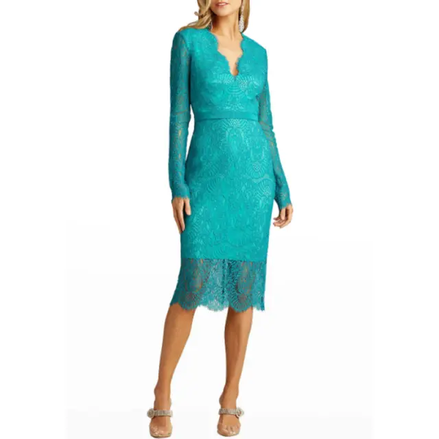 Tadashi Shoji Turquoise V Neck Long Sleeve Lace Midi Bodycon Dress Size 6 NWT