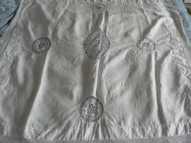 Vintage White Irish Linen Tablecloth Crochet Lace 54 in Square