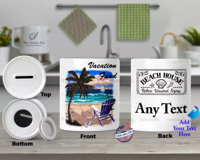 Vacation Beach Fund Personalized CERAMIC Money Box PIGGY Bank Penny Coin Tip Jar