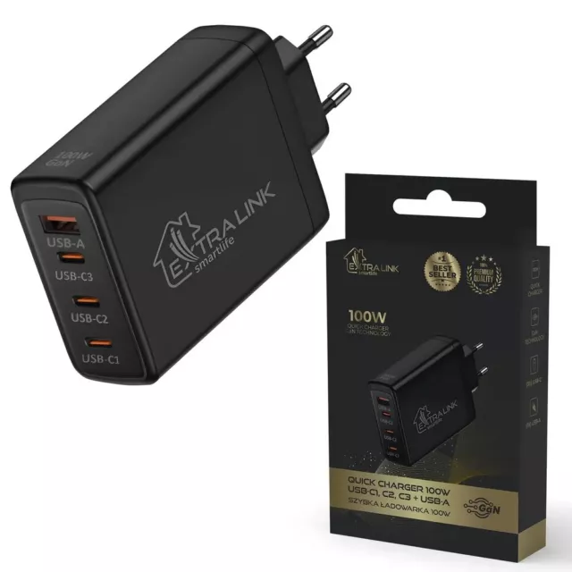 Cargador rápido Adaptador 3X USB-C USB-A Enchufe USB 100W GAN Teléfono Móvil