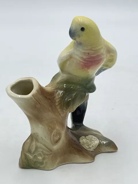 Vintage Royal Copley Bud Vase Figural Parakeet Bird Branch Mid Century Sticker