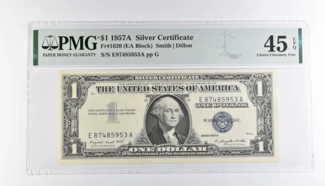 $1 1957-A Silver Certificate 45 EPQ Fr# 1620 (EA Block) PMG Graded *444
