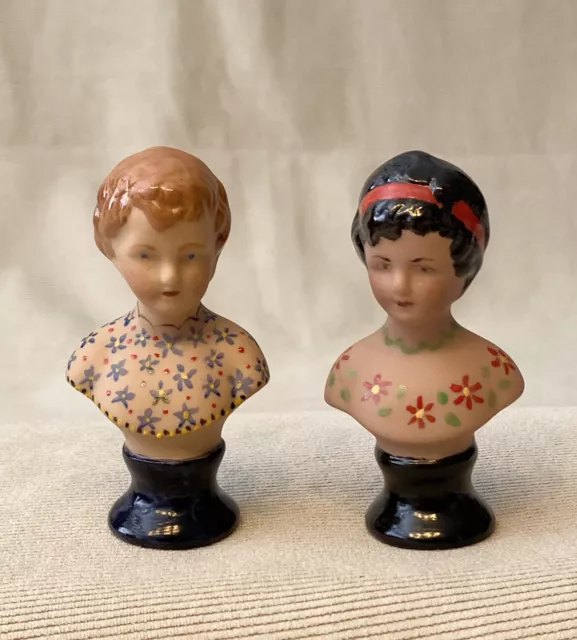 Vintage Bisque Porcelain Boy Girl Hand Painted  Bust Half Doll X2 Collectible