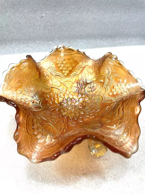 FENTON LOTUS & GRAPE Carnival  Art Glass Ruffled Marigold  3 Footed BOWL Antique