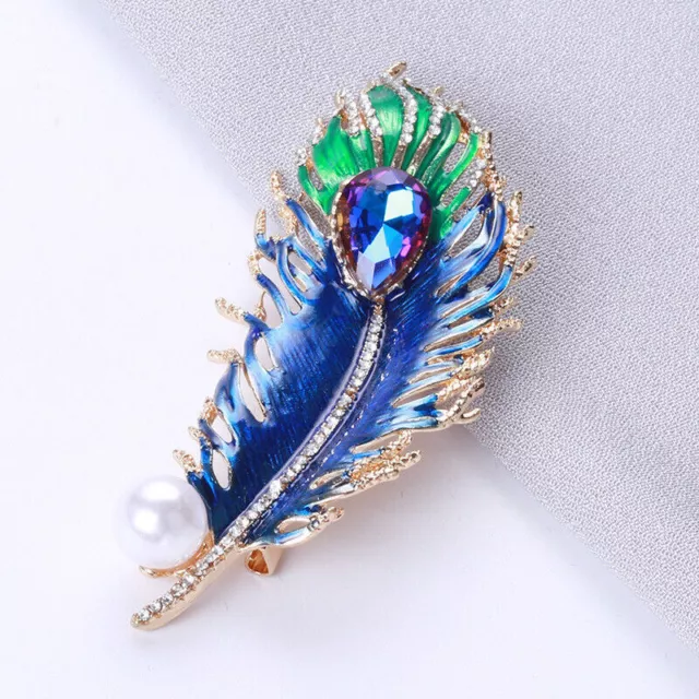 Retro Peacock Feather Big Rainbow Crystal Blue Green Gold Pearl Brooch Gift