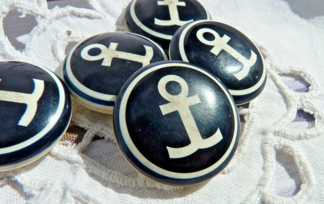 Lot D'anciens Boutons Vintage - Décor Ancre De Marine - Mercerie Collection