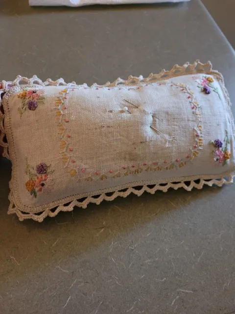 Antique Linen Embroidered Pin Cushion With Lace Edges. Pre 30s Mint