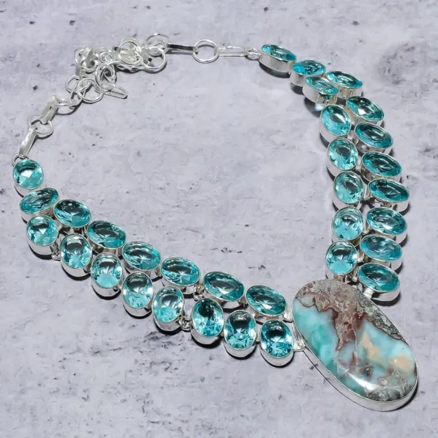 Natural Caribbean Larimar, Blue Topaz 925 Sterling Silver Necklace 18" Gift s214