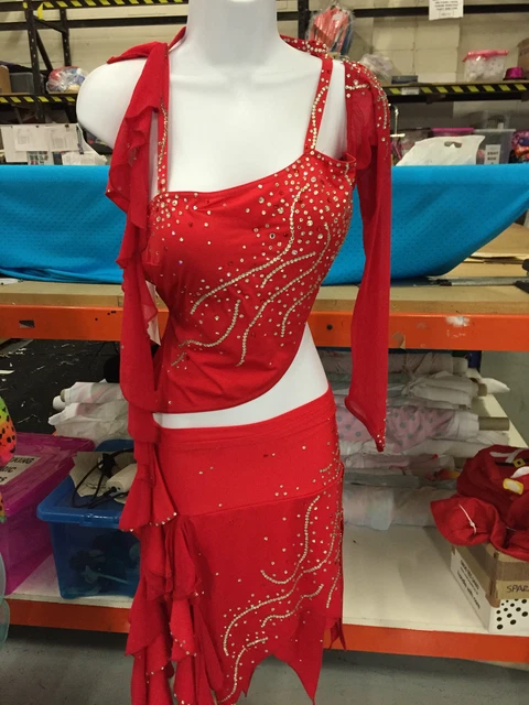 STUNNING RED STONED DANCE COSTUME traveller rigout latin disco