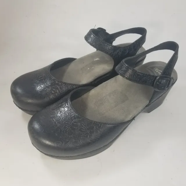 Dansko Sam Tooled Black Leather Mary Jane Clogs US Size 6.5-7 Buckle Ankle Strap