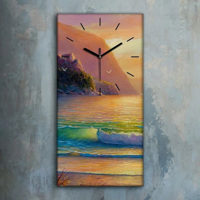 Horloge décorative sur toile 30x30 mer port bateau ciel coucher de soleil