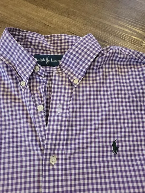 Ralph Lauren Shirt Mens Large Purple Check Gingham Green Pony Long Sleeve